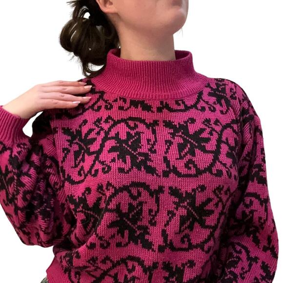 Vintage 80's Retro Small Pink Black Granny Mockneck Sweater J.Jordan - Picture 1 of 4